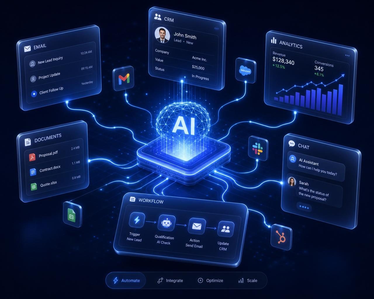 AI automation hub connecting business systems like email, CRM, documents, analytics and workflows